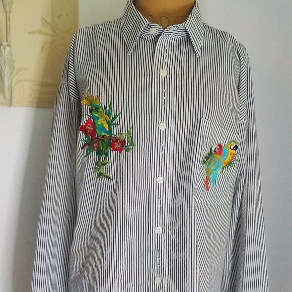 Black/White Stripe Blouse w/Colorful Appliqued Parrots - Picture 2 of 9